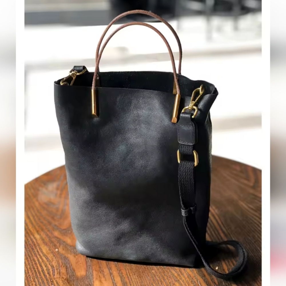 NWT Black  Leather bag with 3 straps, inner canvas zipper bag, brass hard…
